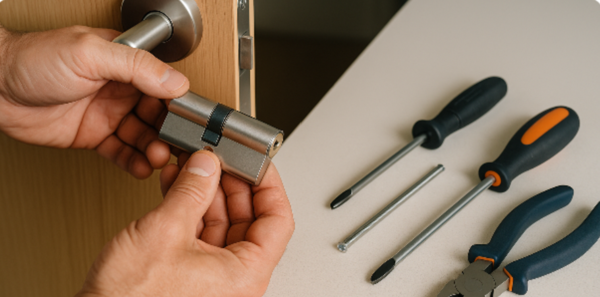 Locksmith fitting a new euro cylinder lock